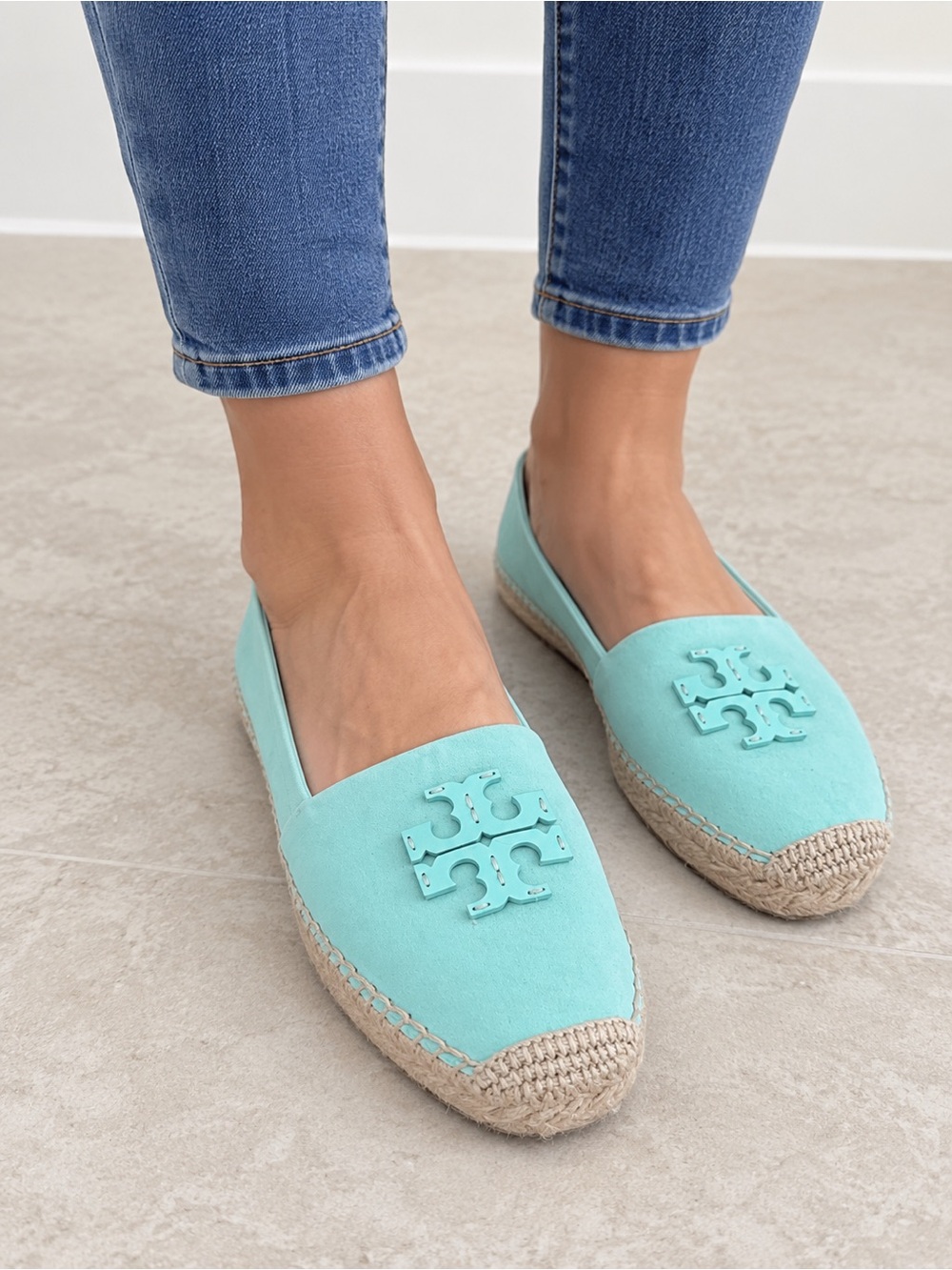 Tory Burch Mint Green Canvas Logo Espadrille Slip On Flats Almond Toe Sz 8.5